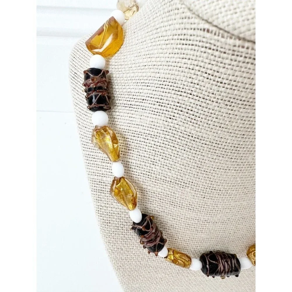 NWT Genuine Crystal & Glass Beaded Necklace Brown, Gold, White